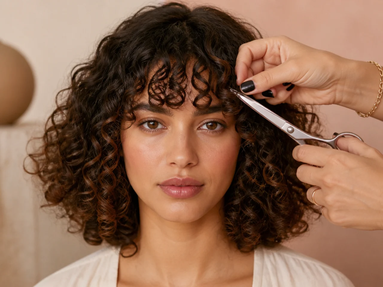 Individual curls being cut one at a time on dry hair