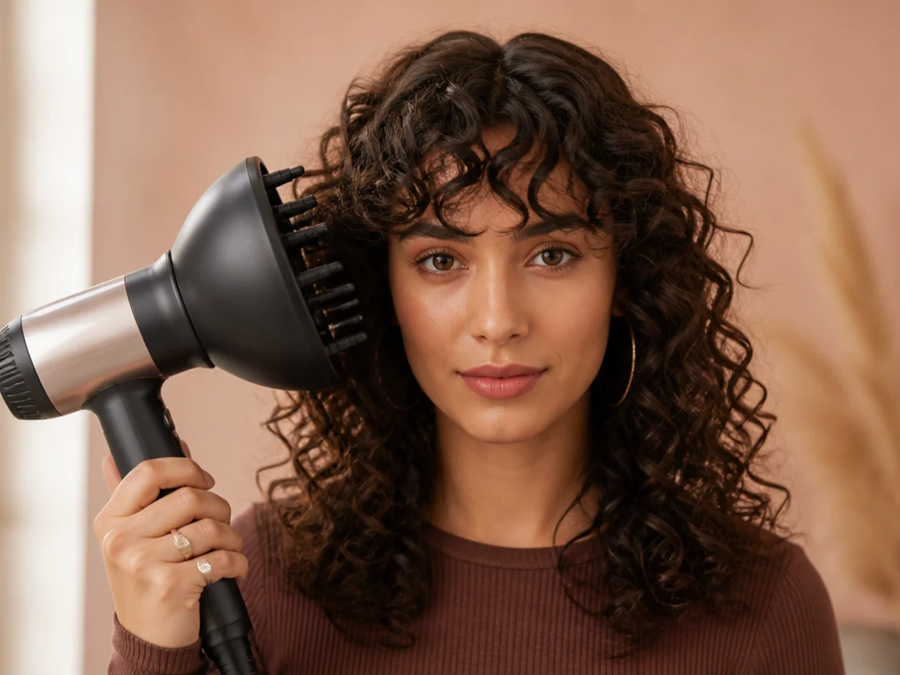 A curly fringe being diffused with the diffuser held still