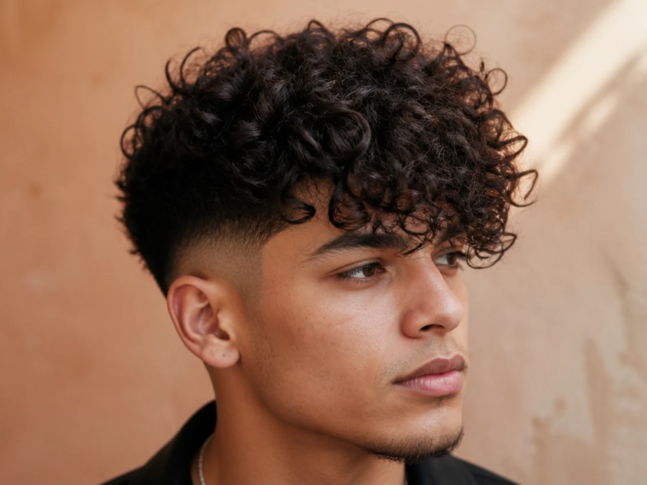 An asymmetric curly fringe heavier on one side
