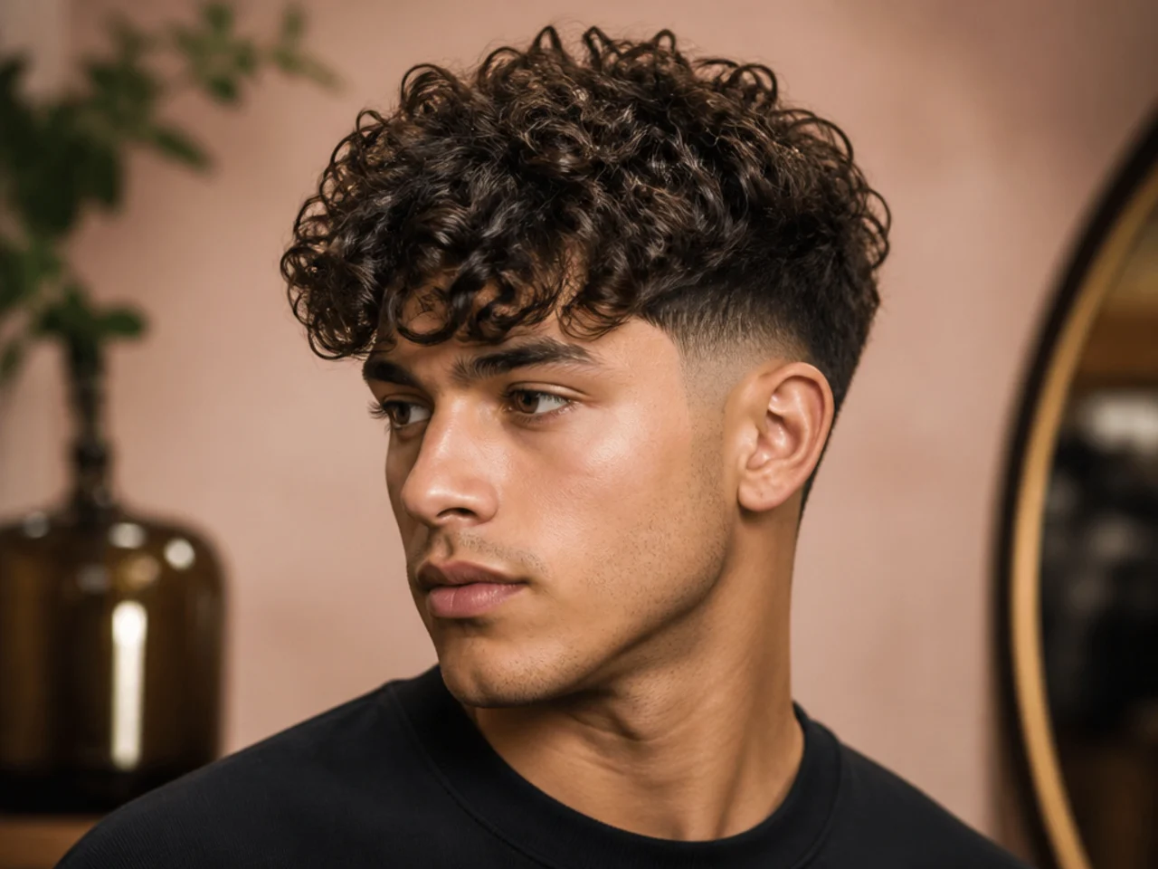 A thick curly fringe standing off the forehead