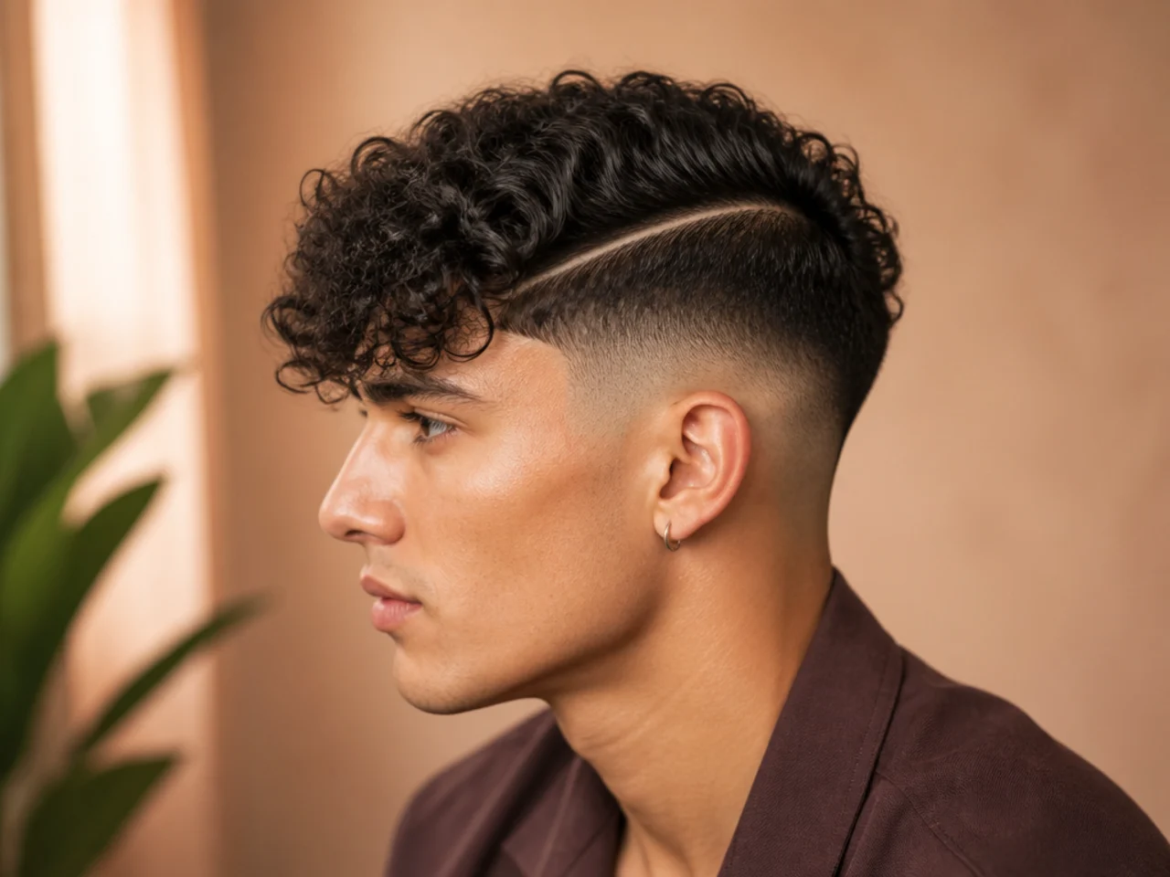 A curly fringe with a shaved hard part