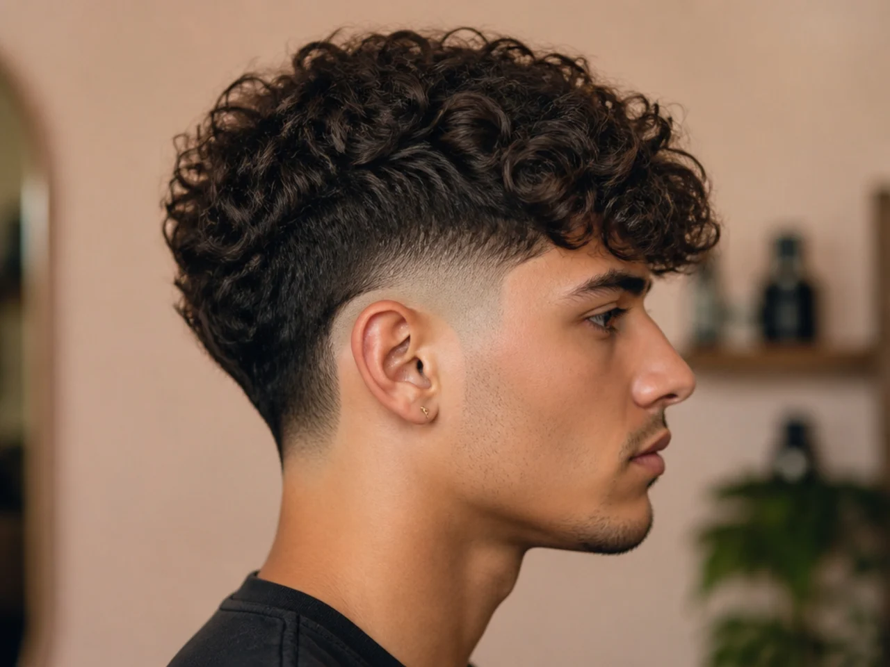 A curly fringe with a burst fade around the ear