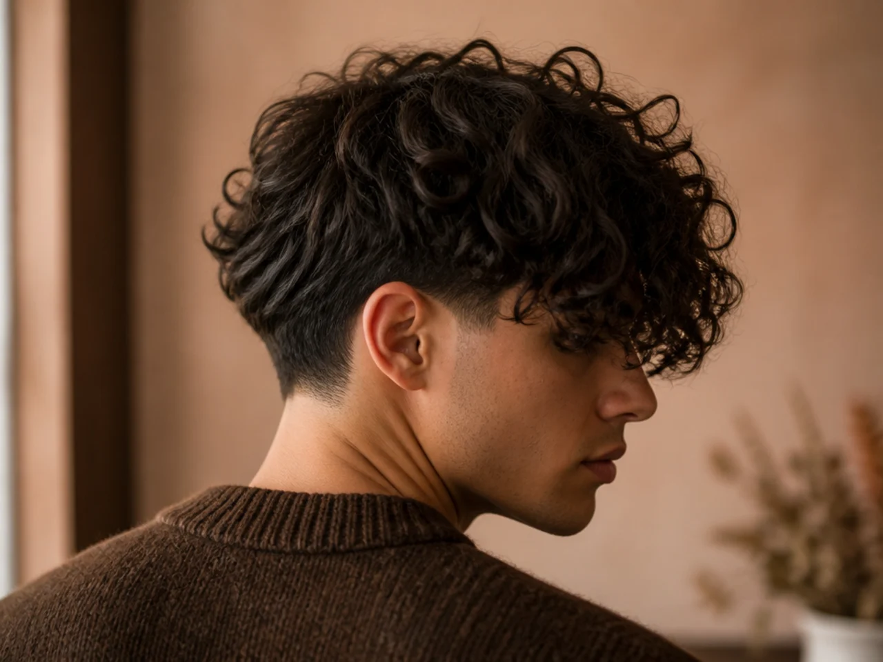 A long curly fringe falling over the eyes