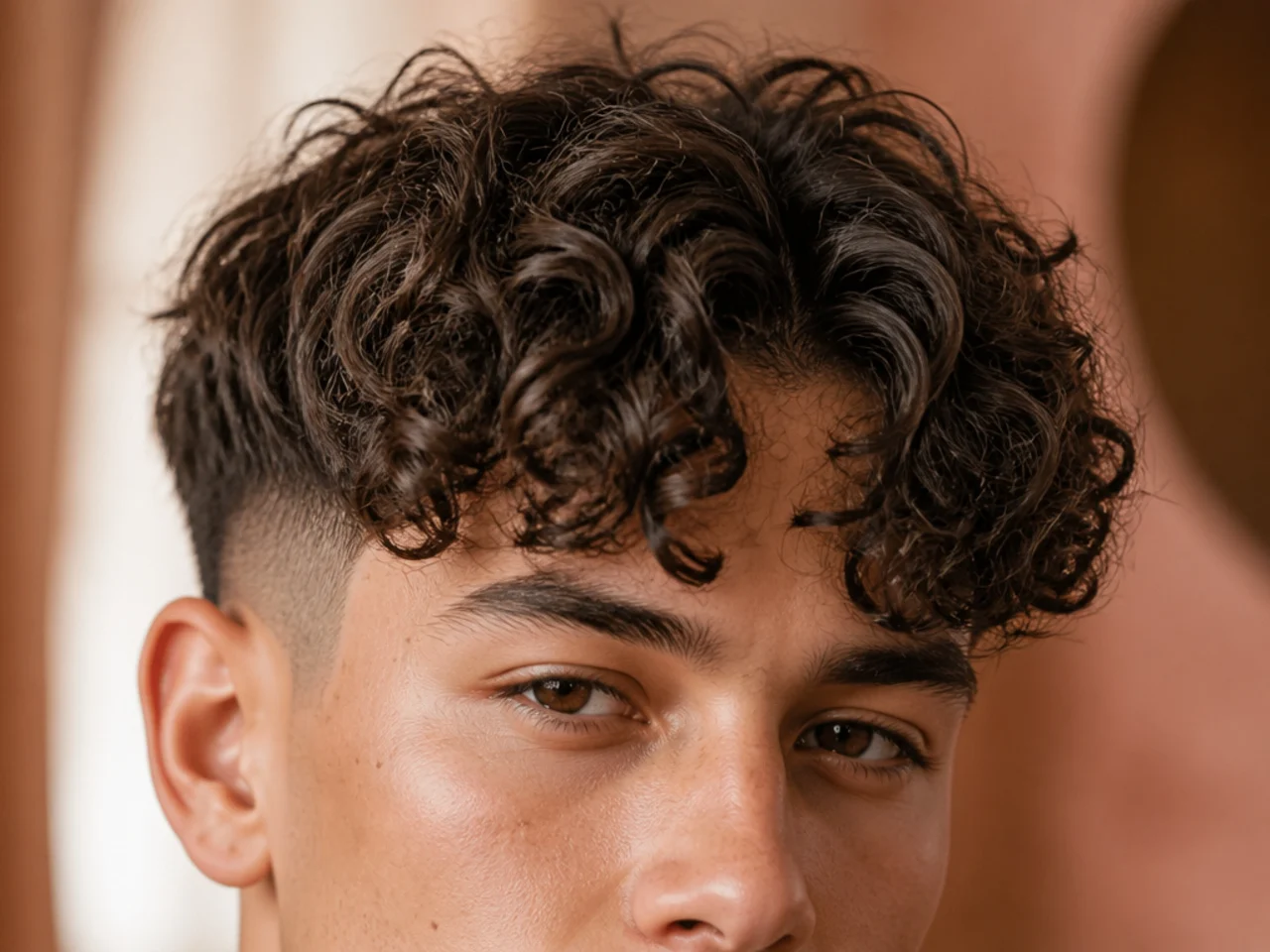 A curly fringe split down the middle
