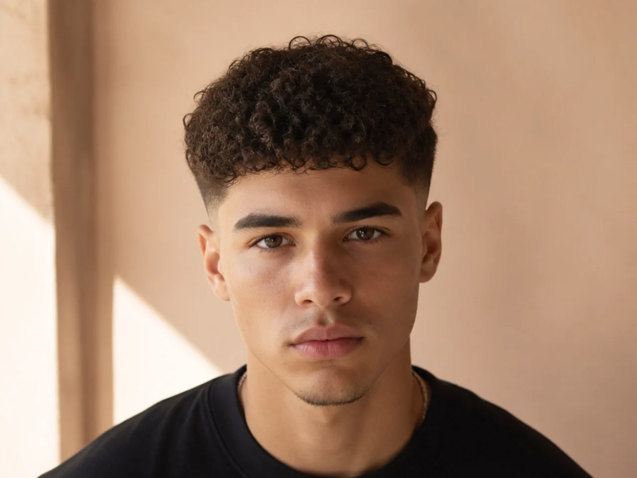 A cropped curly fringe sitting high on the forehead