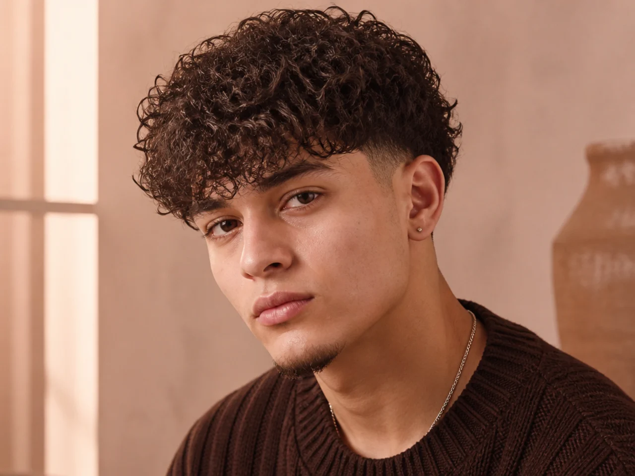 A curly fringe narrowed at the temples