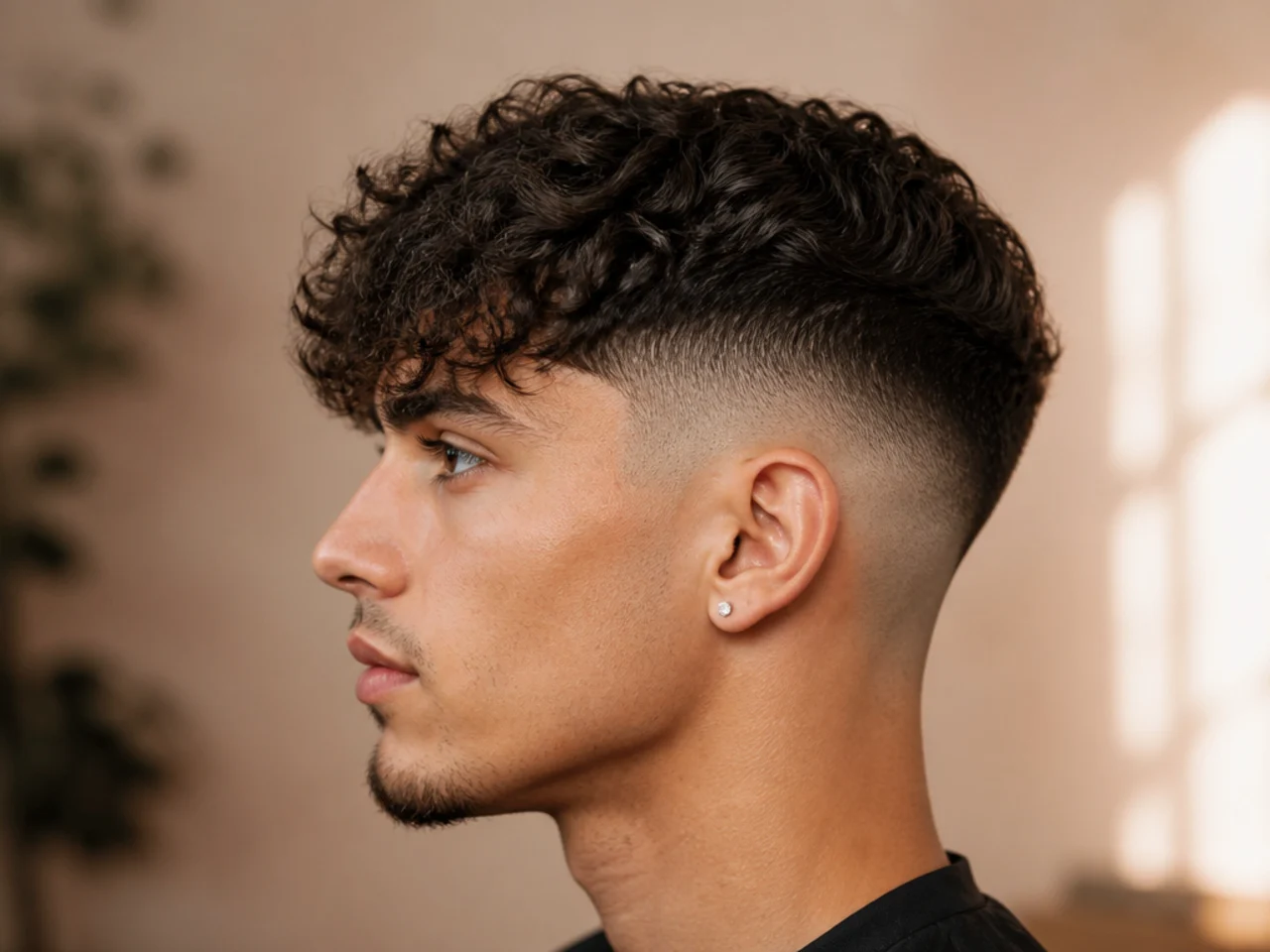 A curly fringe above a skin fade