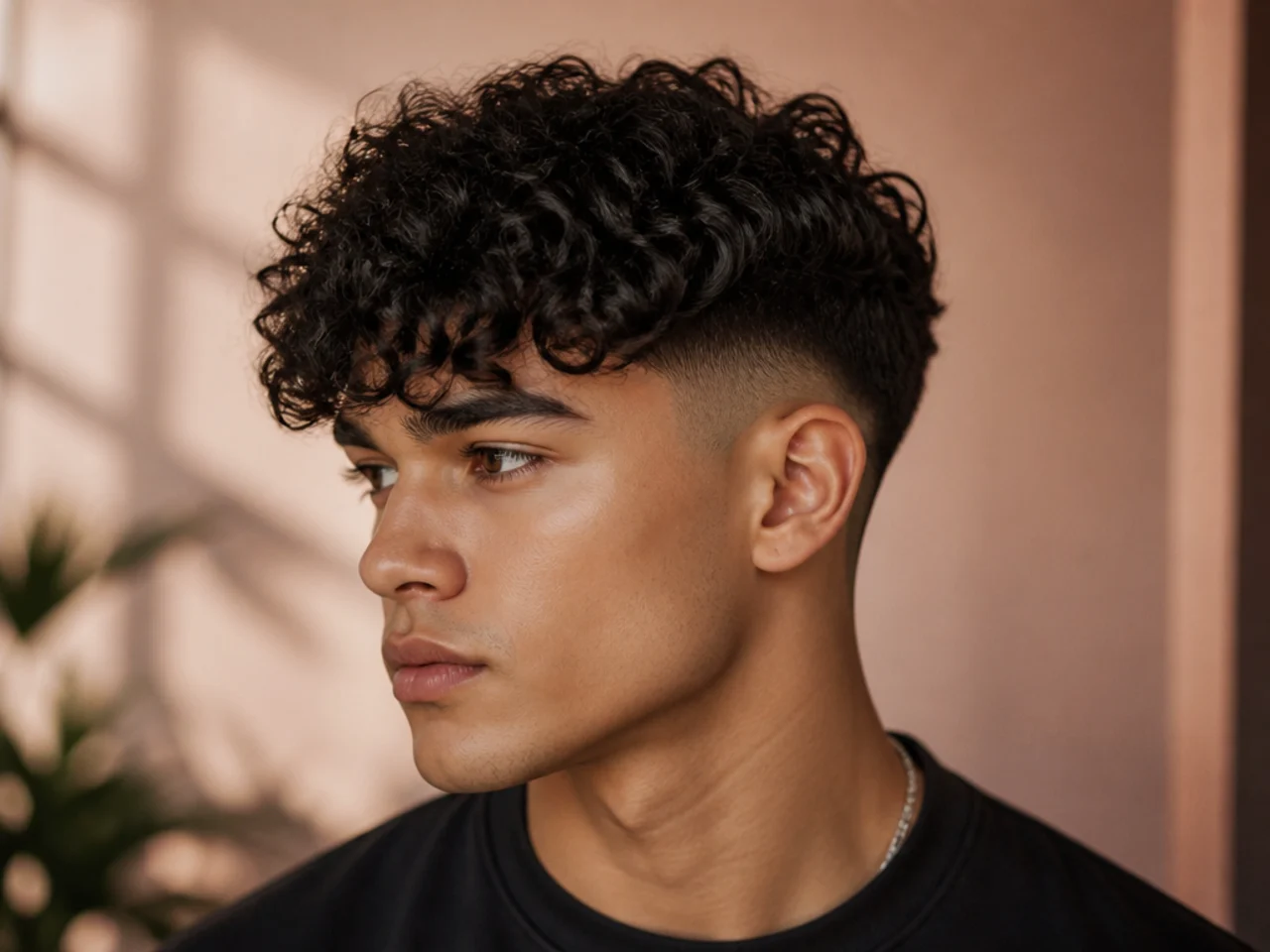Three-quarter view of a curly fringe haircut