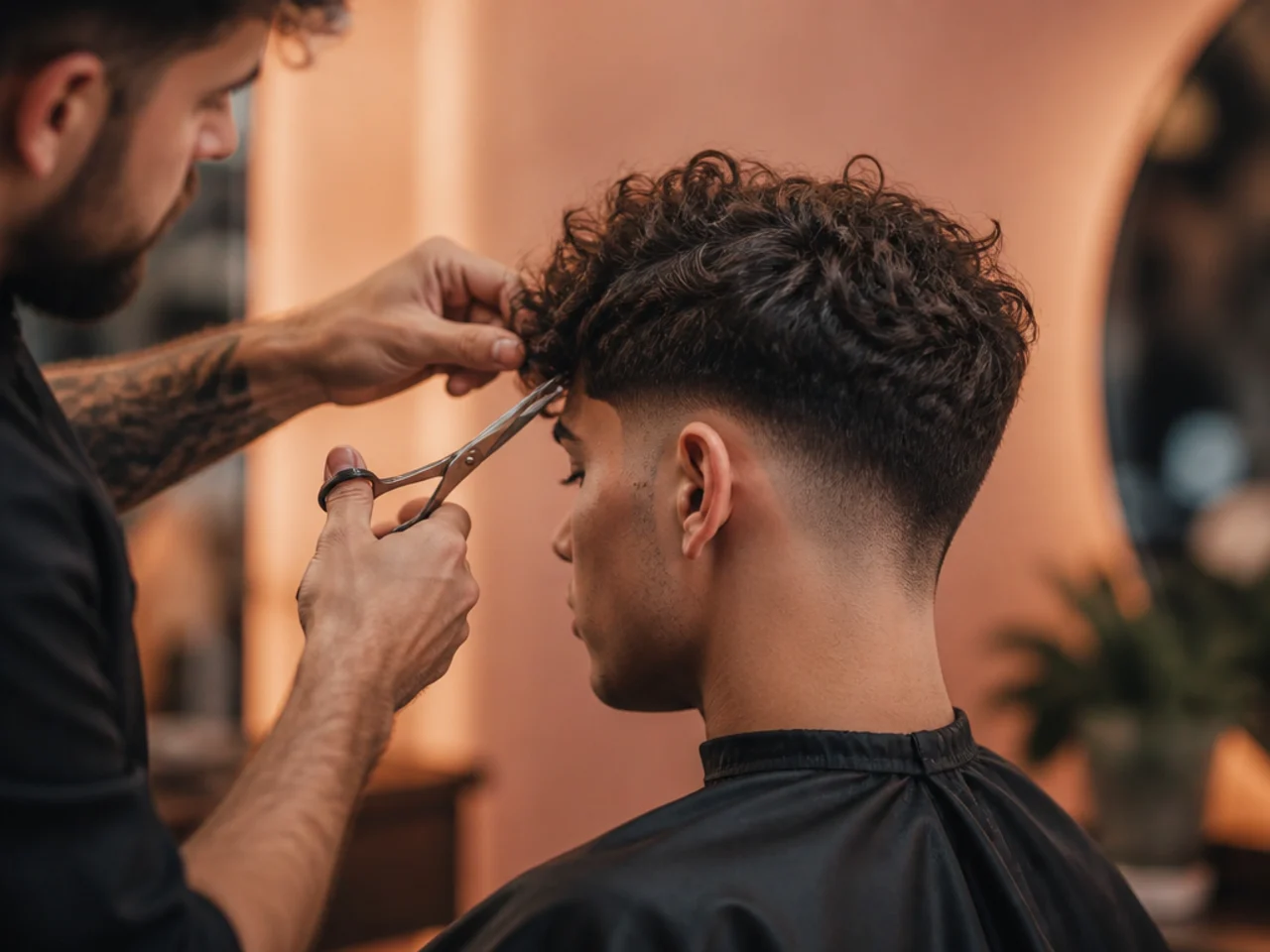 A barber cutting individual curls at the front hairline