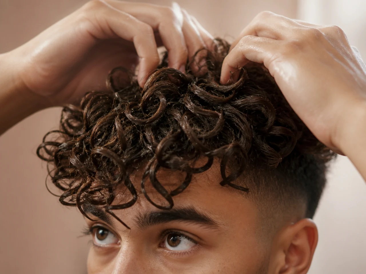 A curly fringe being scrunched upward with product