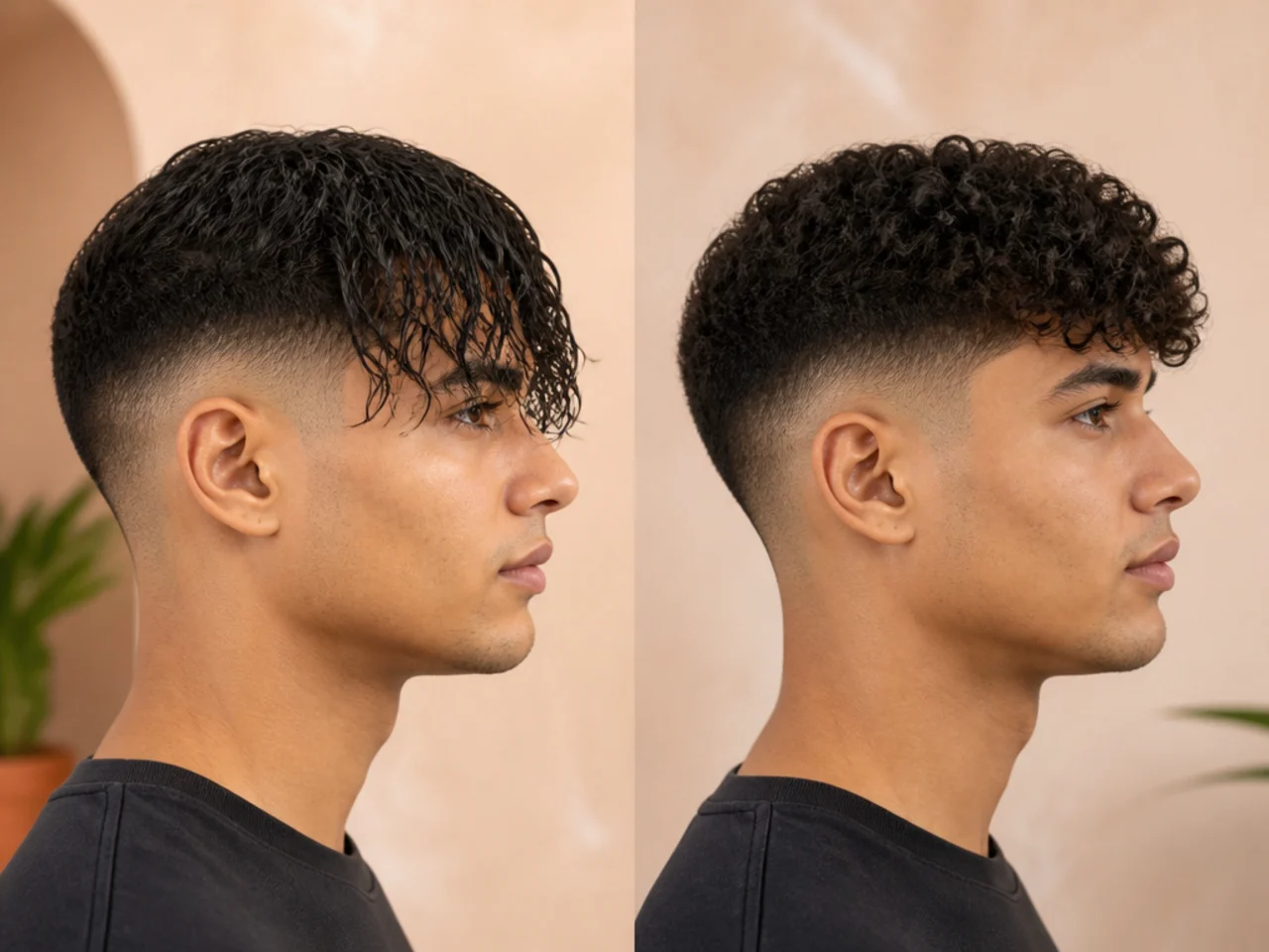 A curly fringe shown wet and stretched then dry and shortened