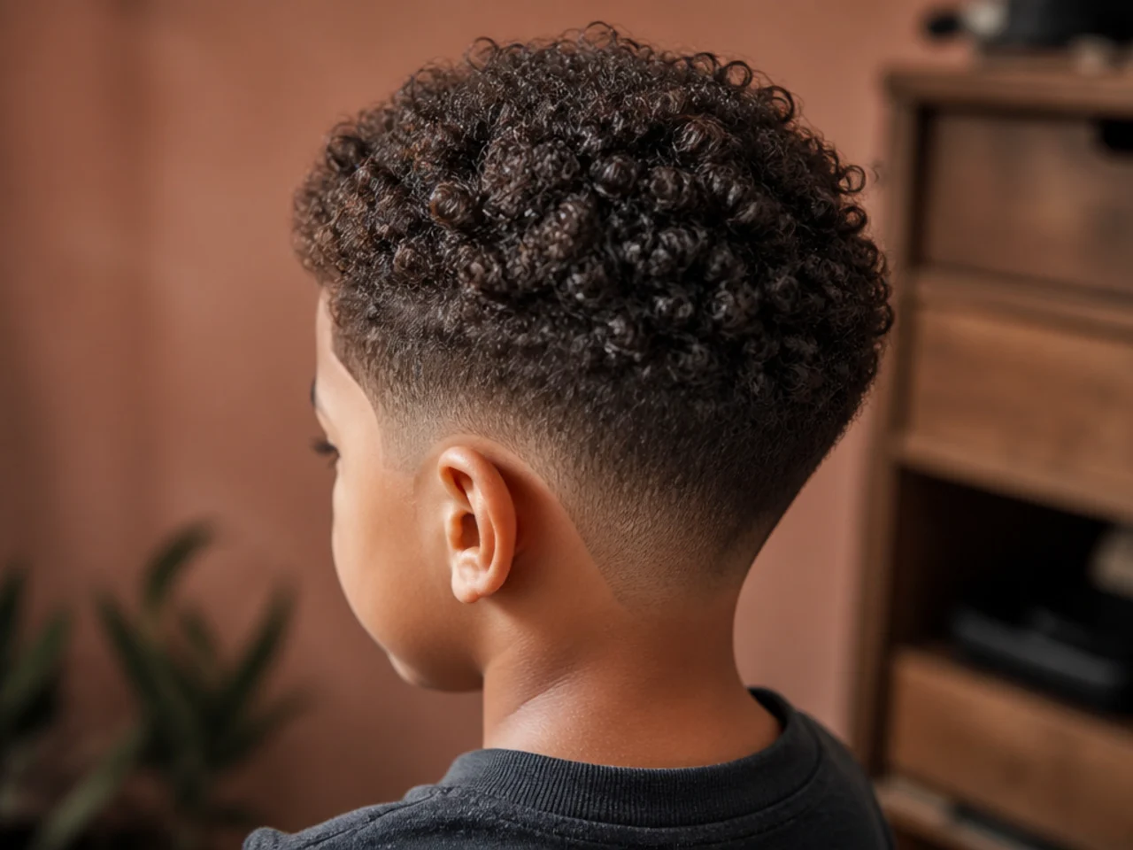 A boy with a softly shaped hairline on coily hair