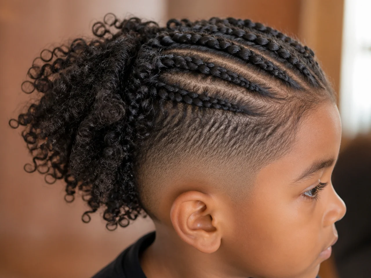 A boy with a braided front section and loose coils at the back