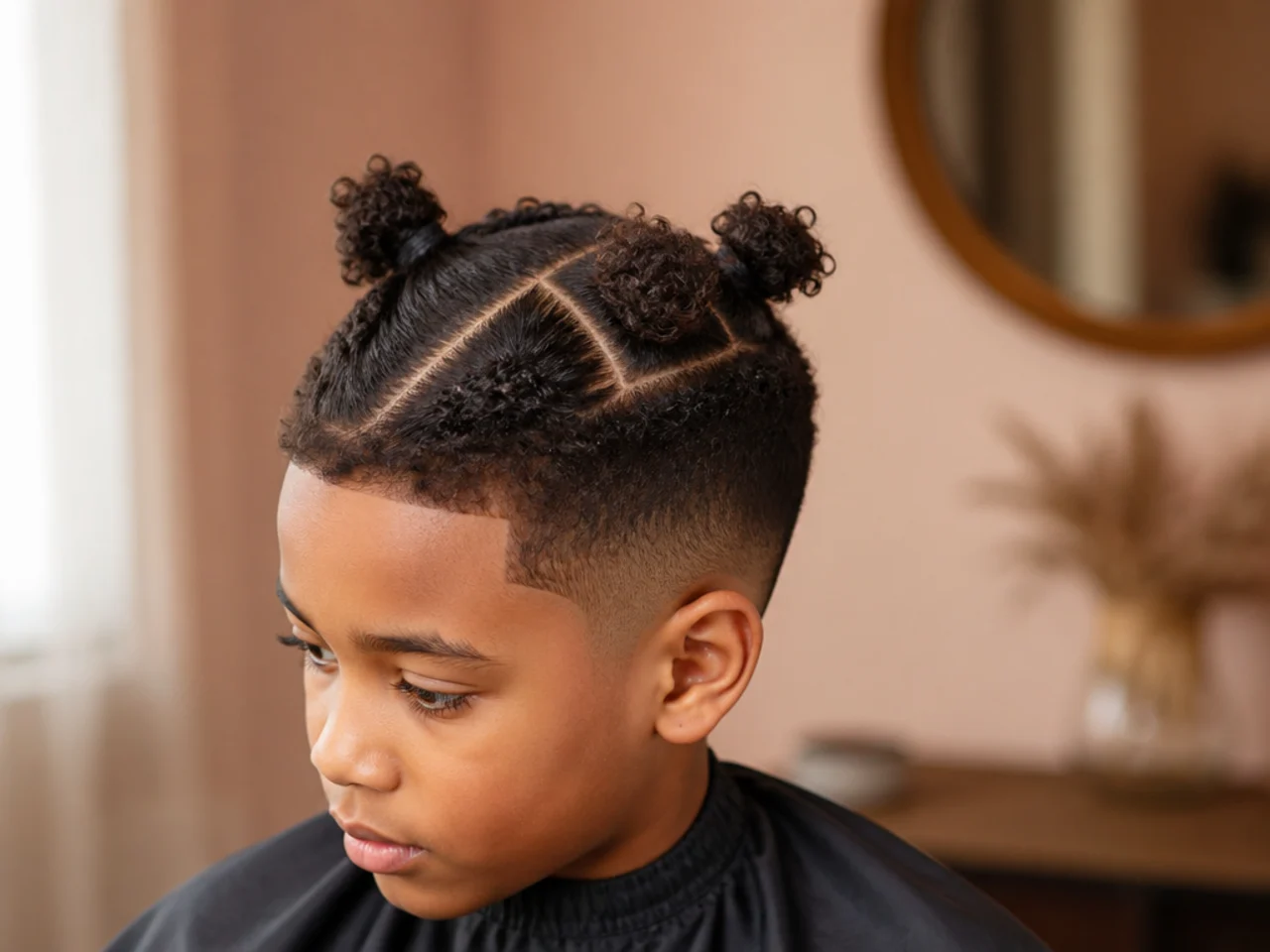 A boy's coily hair sectioned into four parts for detangling