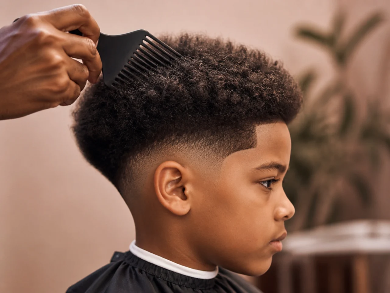 A boy having his afro picked out with a wide pick