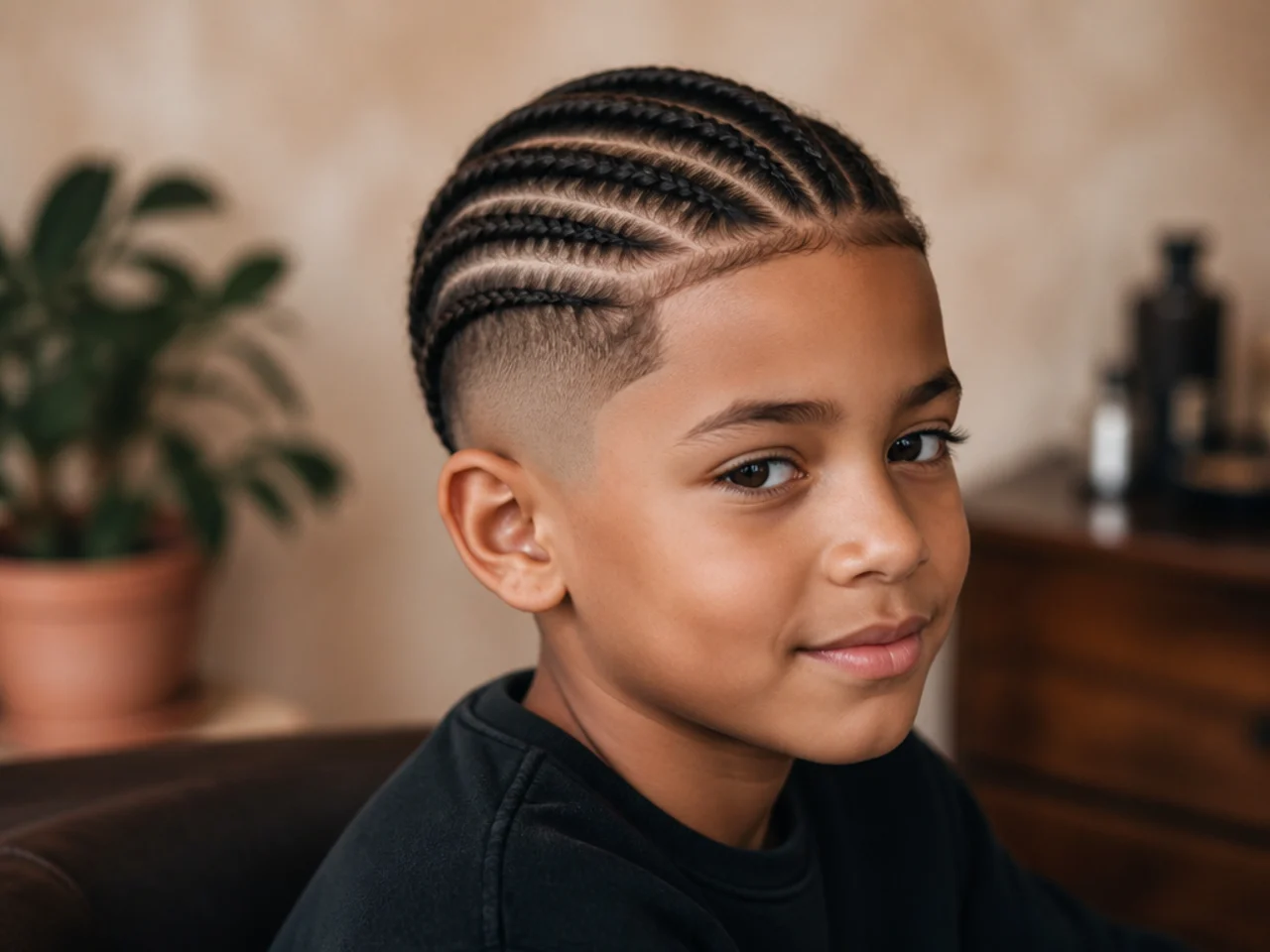A boy with straight-back cornrows
