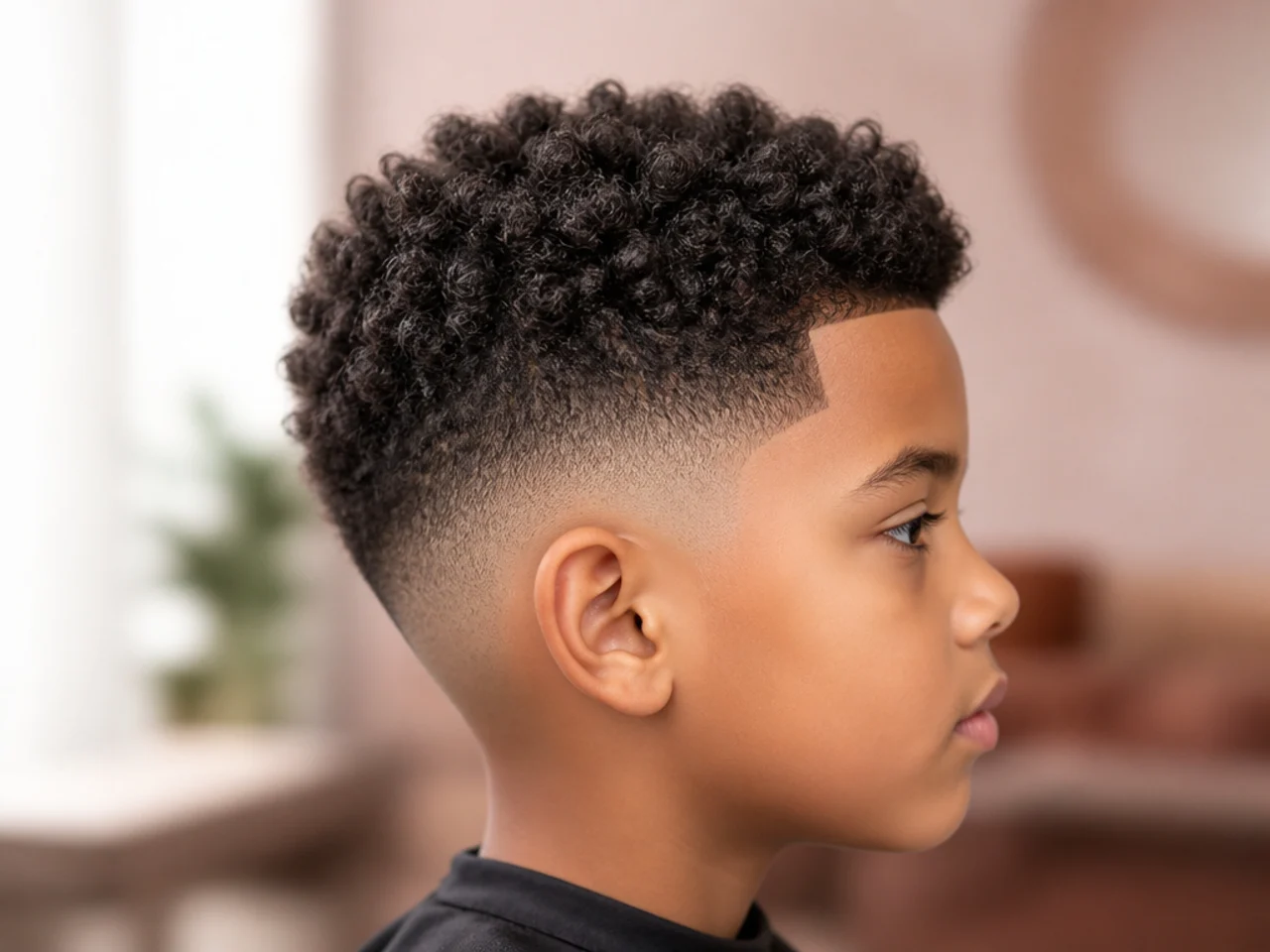 A boy with sponge-defined curls in short hair