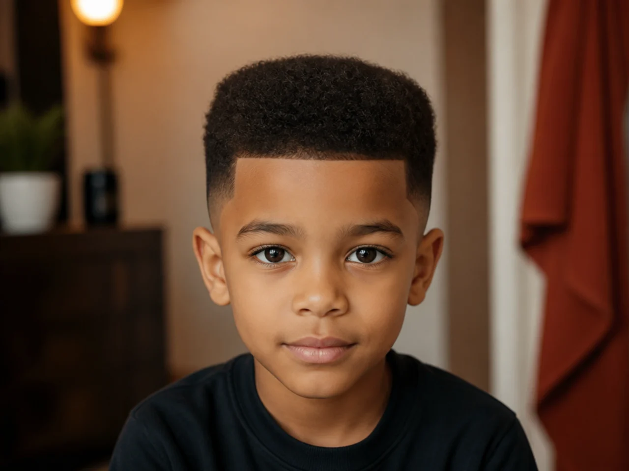 A boy with a low flat top on coily hair
