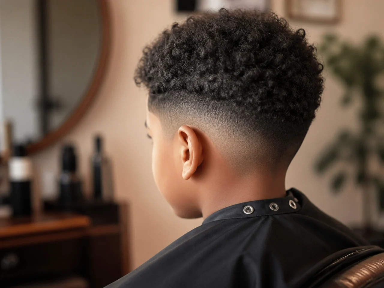 A young Black boy sitting for a haircut