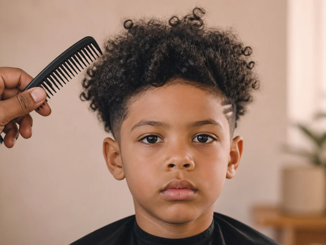 A wide-tooth comb beside a boy's tangled coily hair