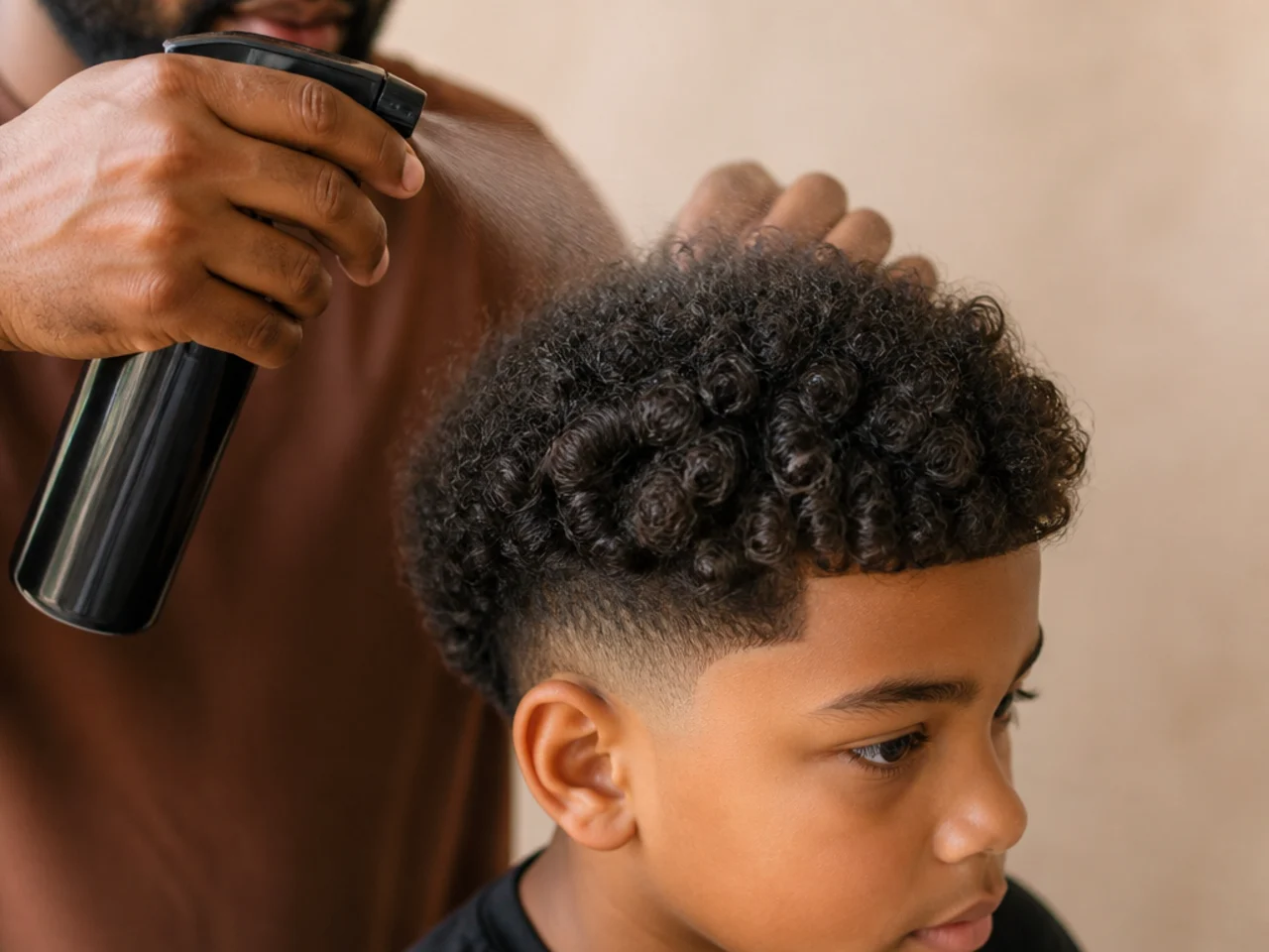 A parent spraying water on a boy's coils in the morning