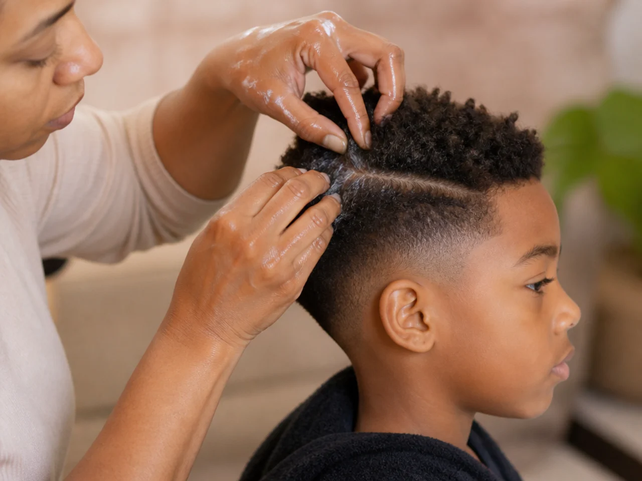 A parent sectioning a boy's coily hair with conditioner