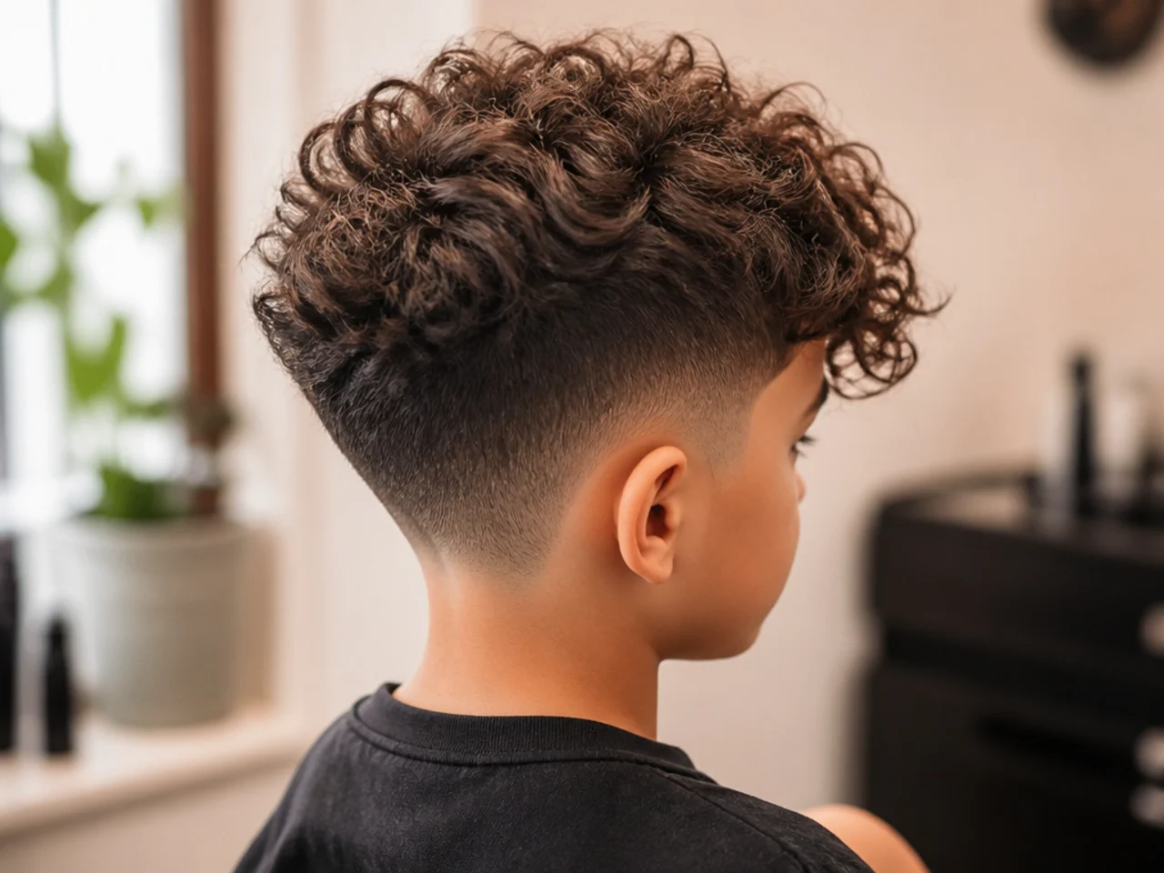 A boy with faded sides and a long curly fringe