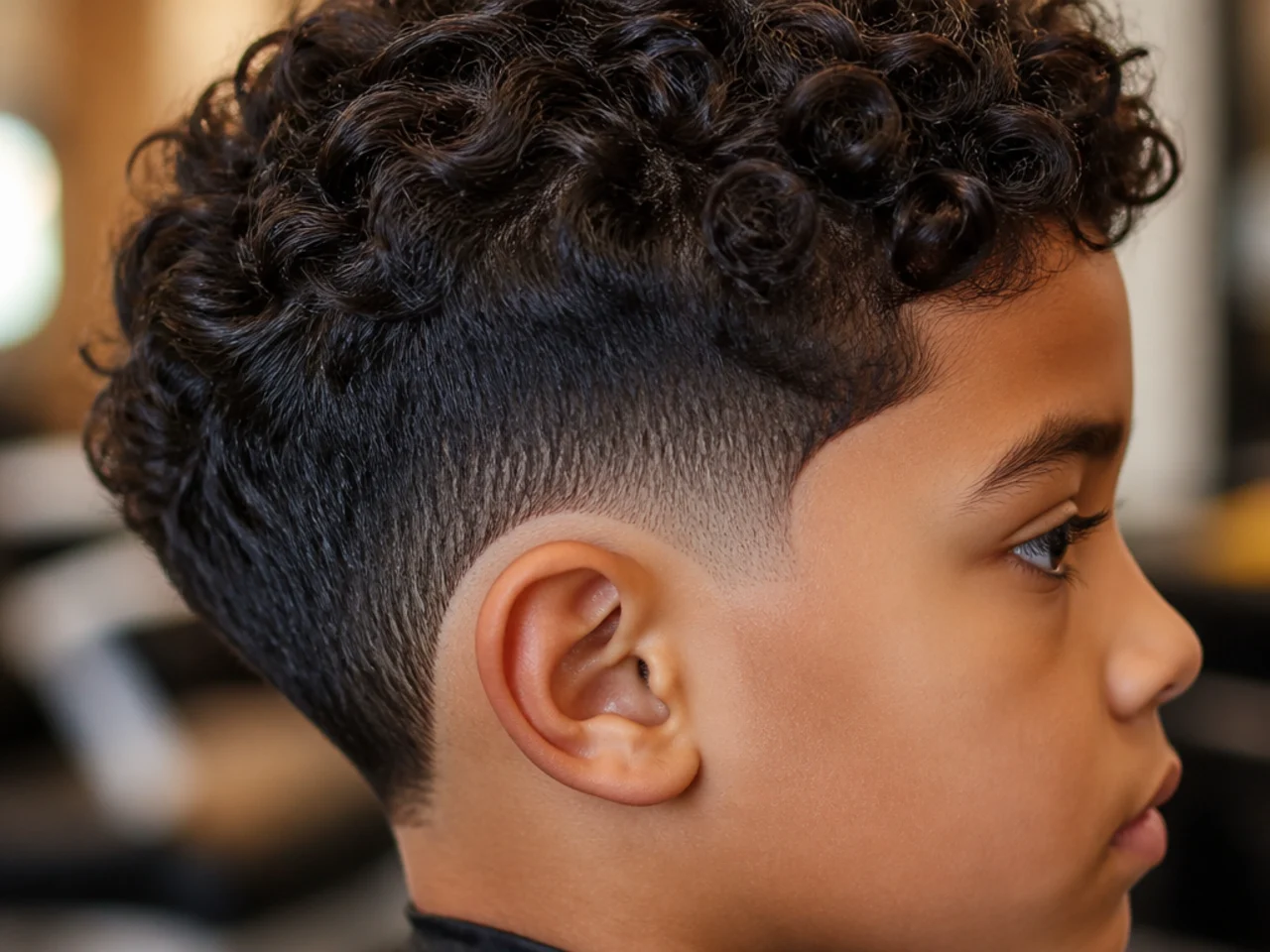 A boy with only the temples faded on curly hair