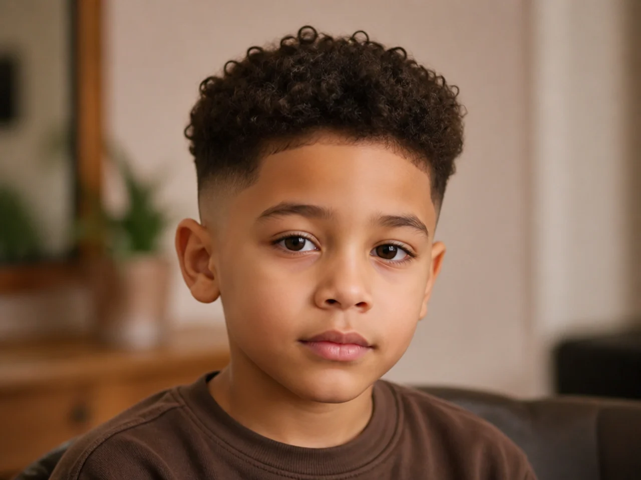 A boy with a curly fade and a natural untouched hairline