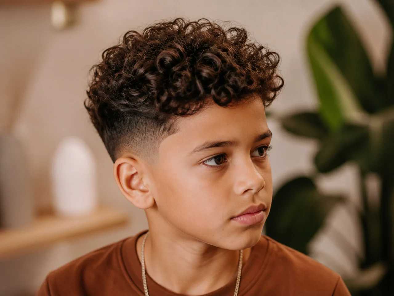 A boy with faded sides and full curls on top