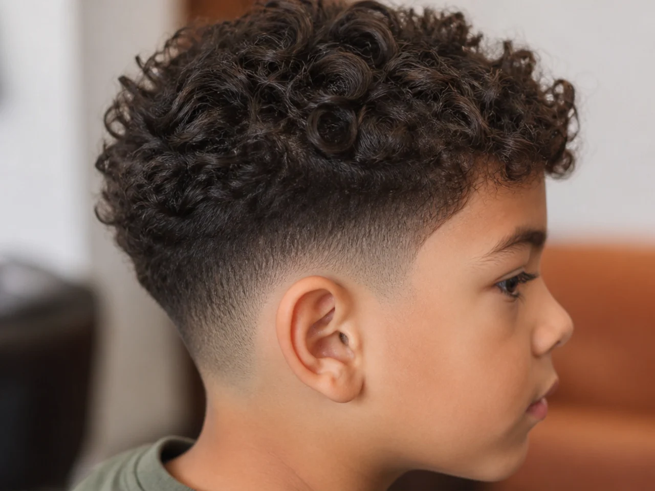 A boy with a soft blurred fade on curly hair