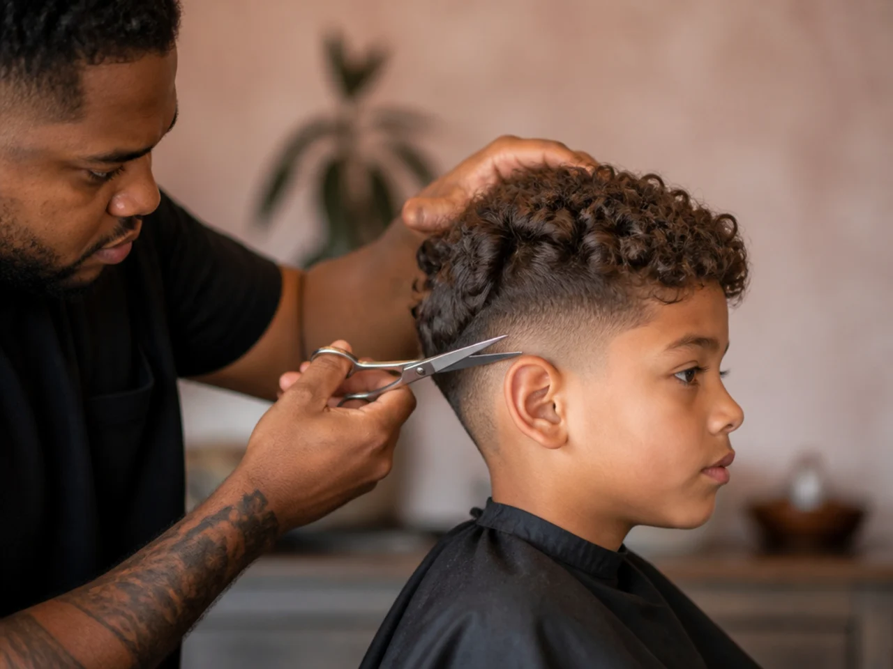 A barber blending a boy's curly sides with scissors