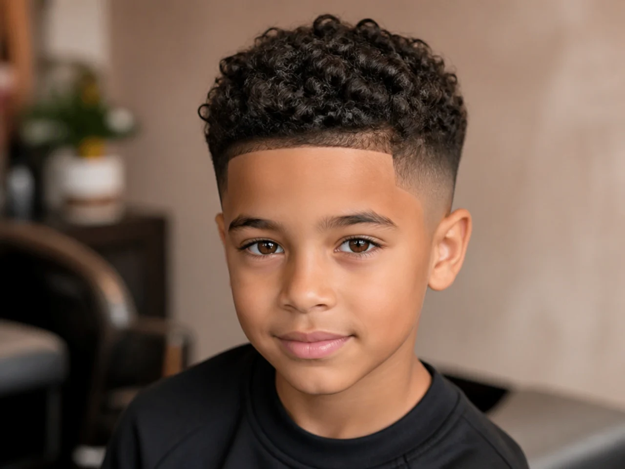 A boy with a low fade on curly hair