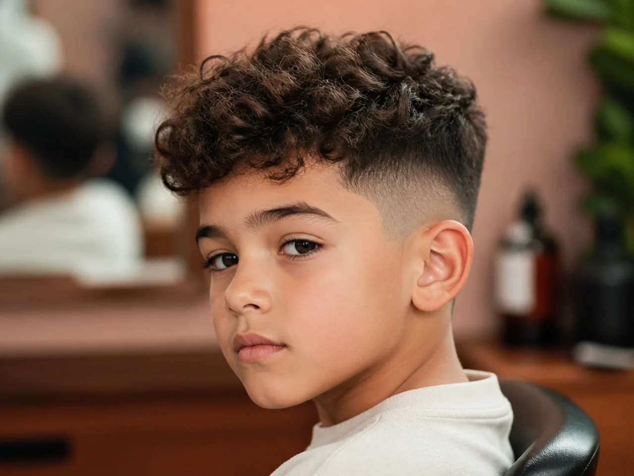A boy with a mid fade and curly hair on top