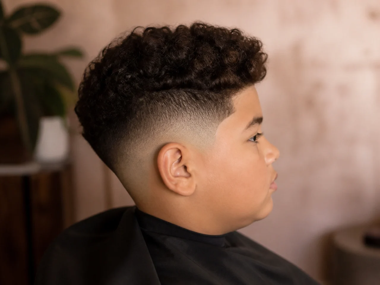 A boy with a high fade and curls on top