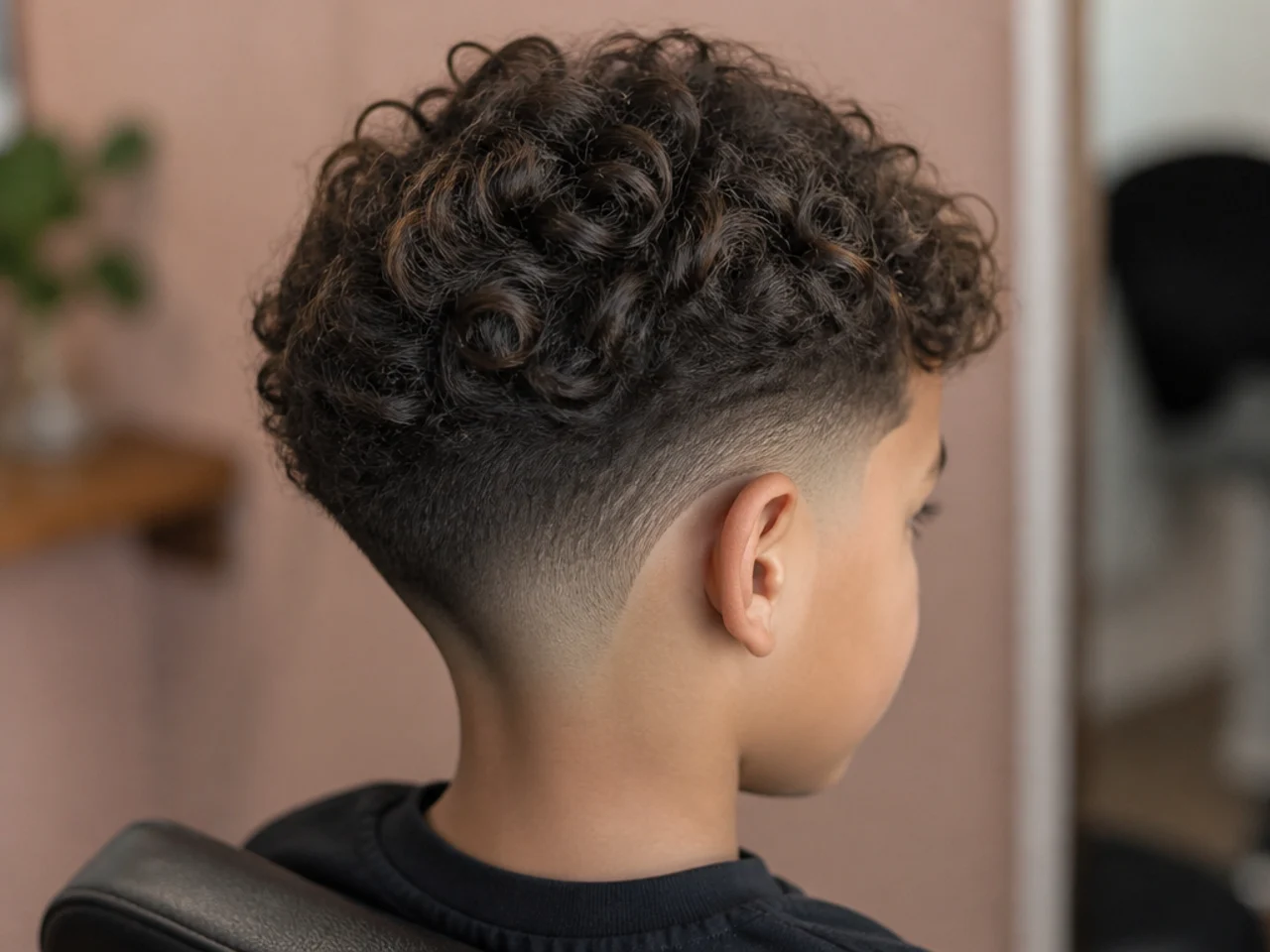 A boy with a burst fade around the ear on curly hair