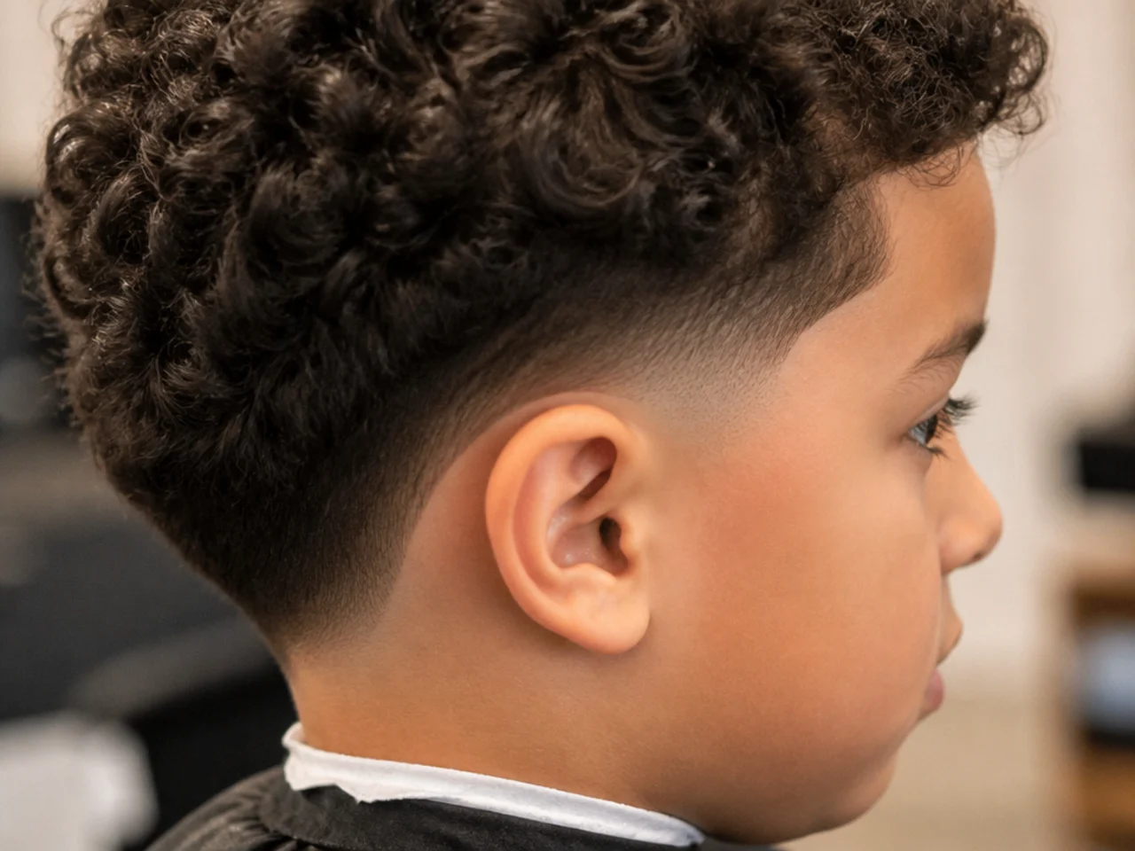 A boy with a drop fade curving behind the ear