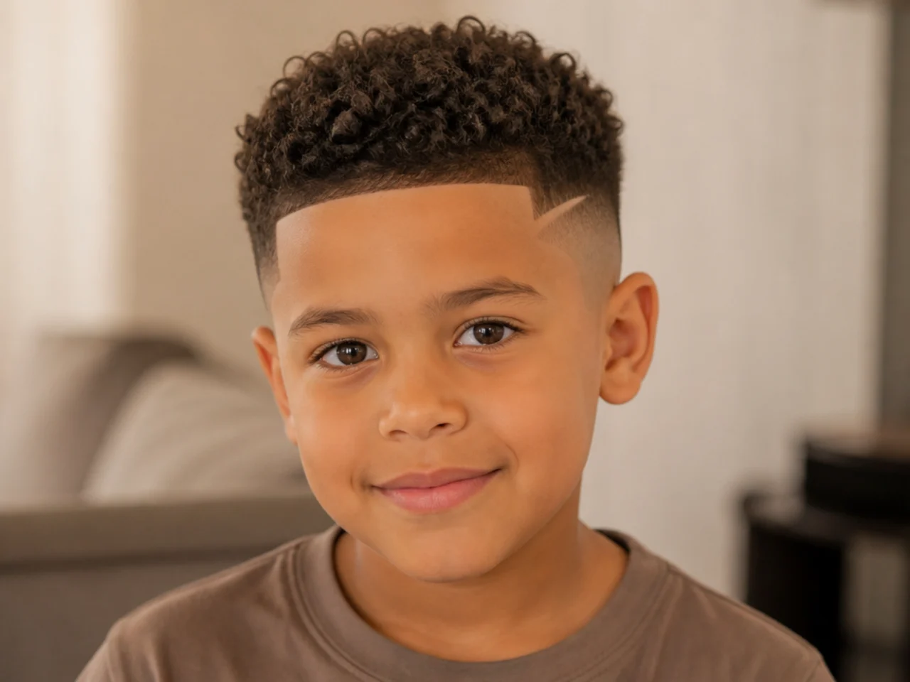 A boy with a skin fade and curly hair on top