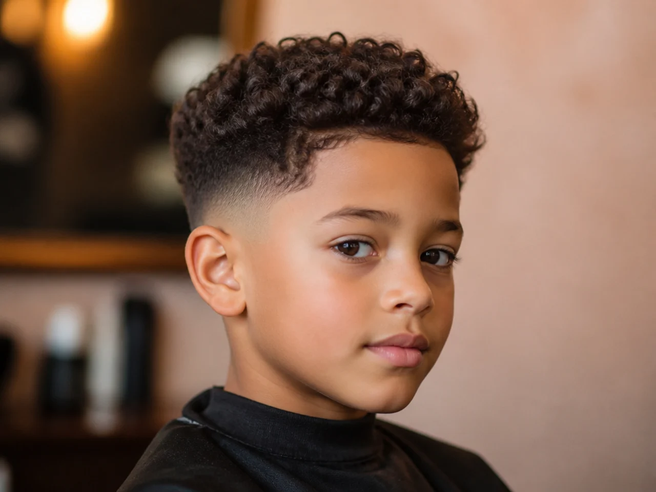 A boy with a soft short-travel fade on curly hair