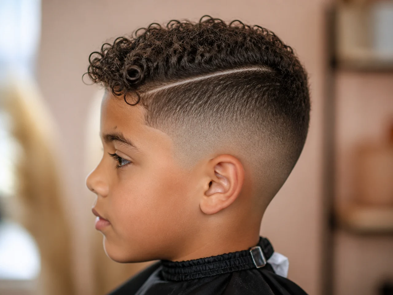 A boy with a hard part above a curly fade