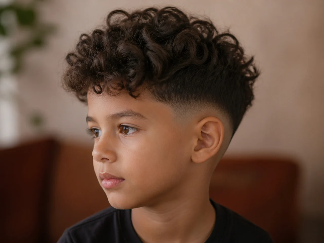 Three-quarter view of a boy with a curly fade