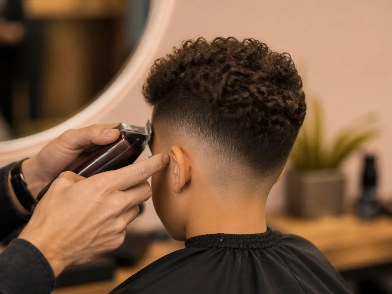 A boy sitting still in a barber chair having his sides faded