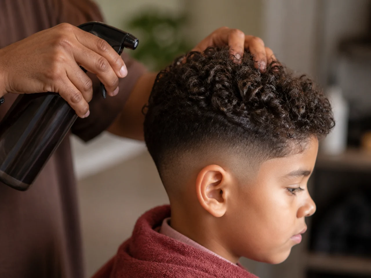 A parent damping a boy's curls with a water spray