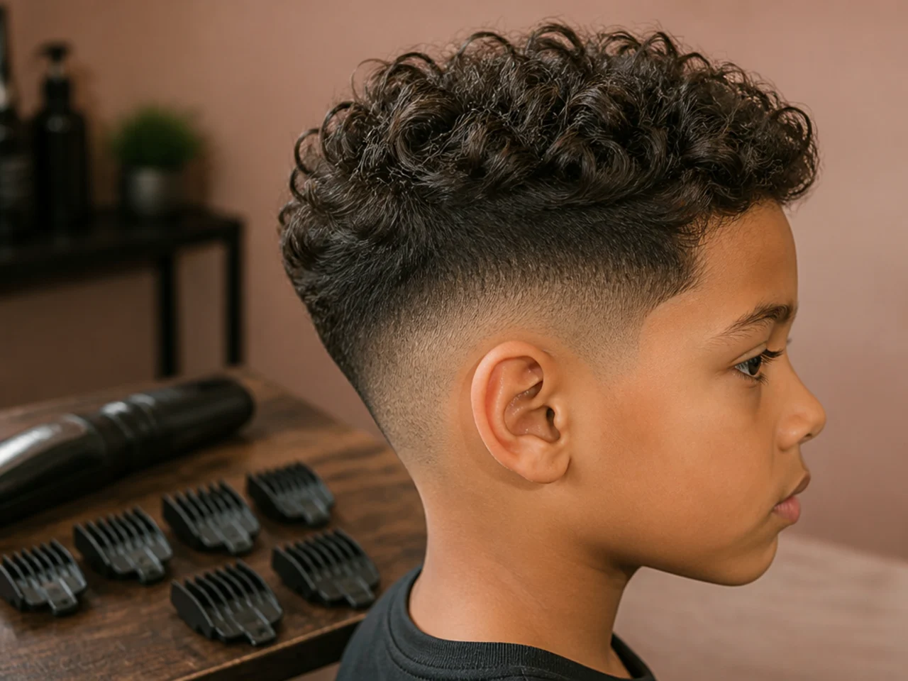 Clipper guards laid out next to a boy's faded haircut