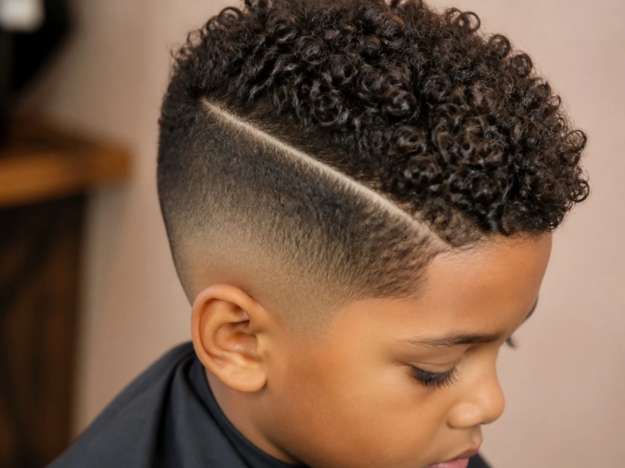 A boy with a hard part in curly hair
