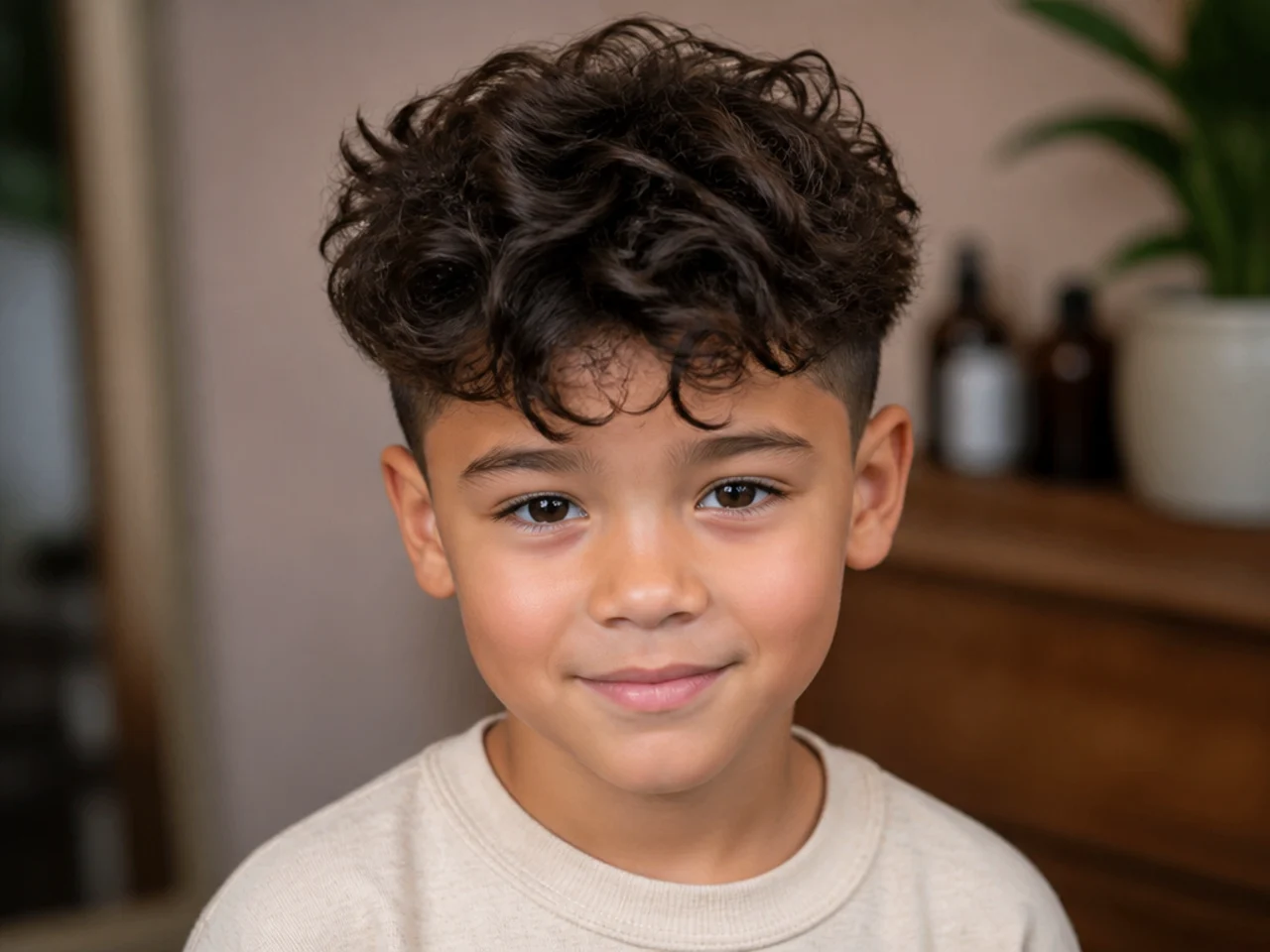 A boy with a two block cut on curls
