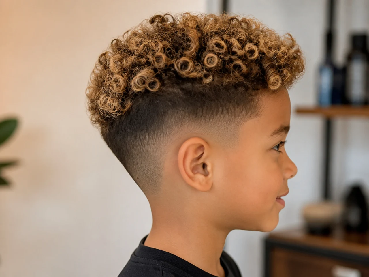 A boy with bleached tips on curly hair