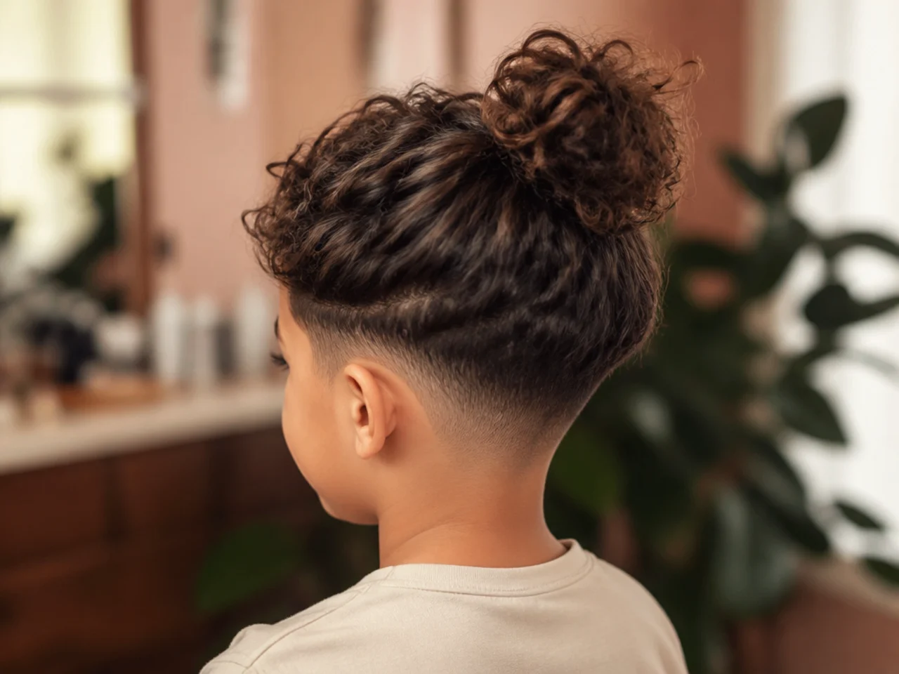 A boy with curls in a top knot