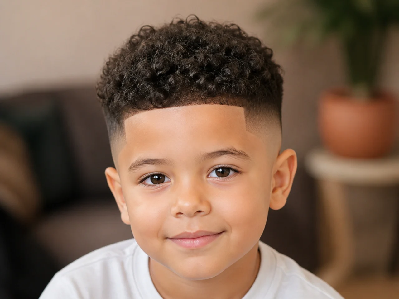 A boy with a skin fade and curly top