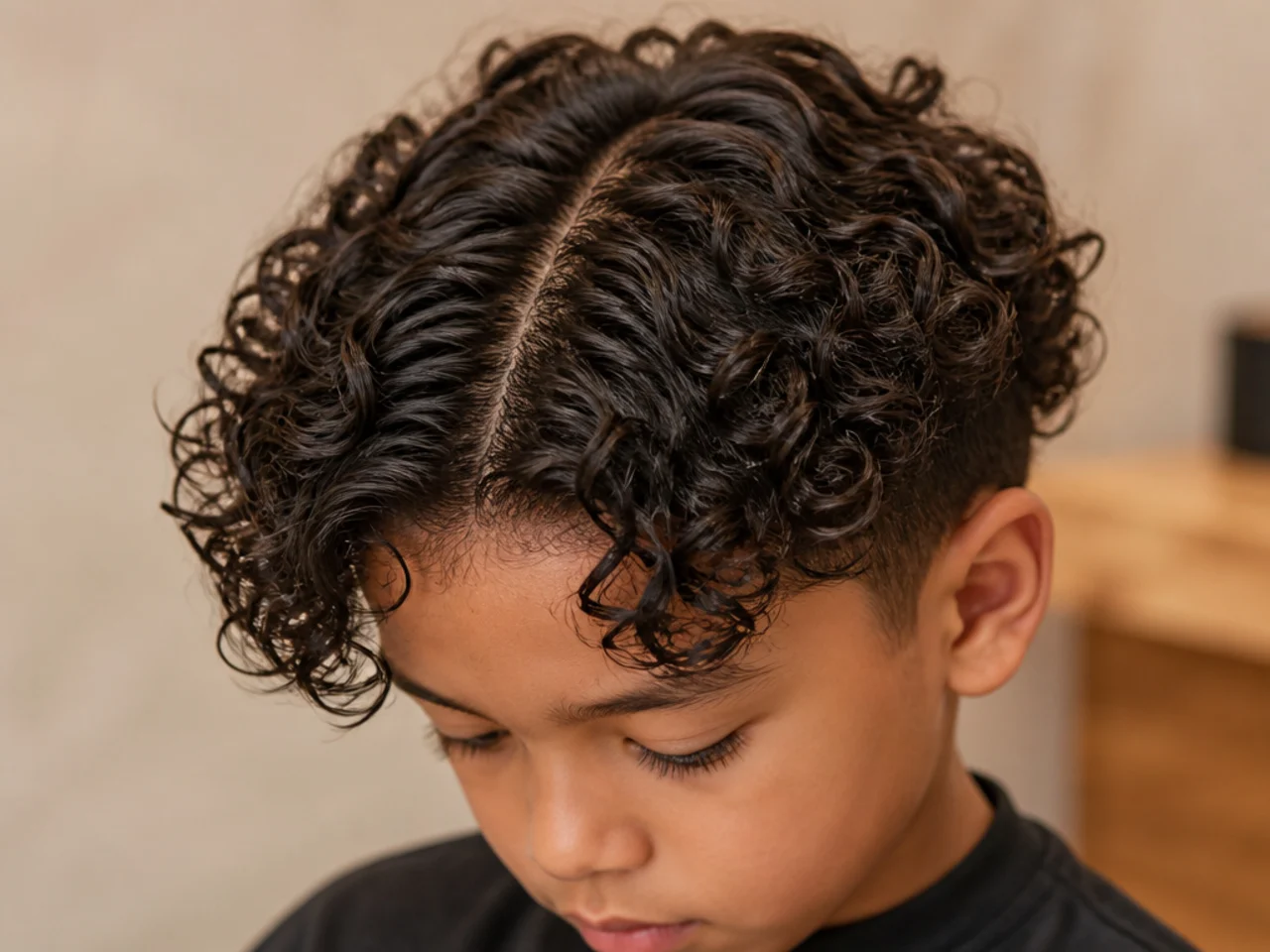 A boy with curly hair parted in the middle